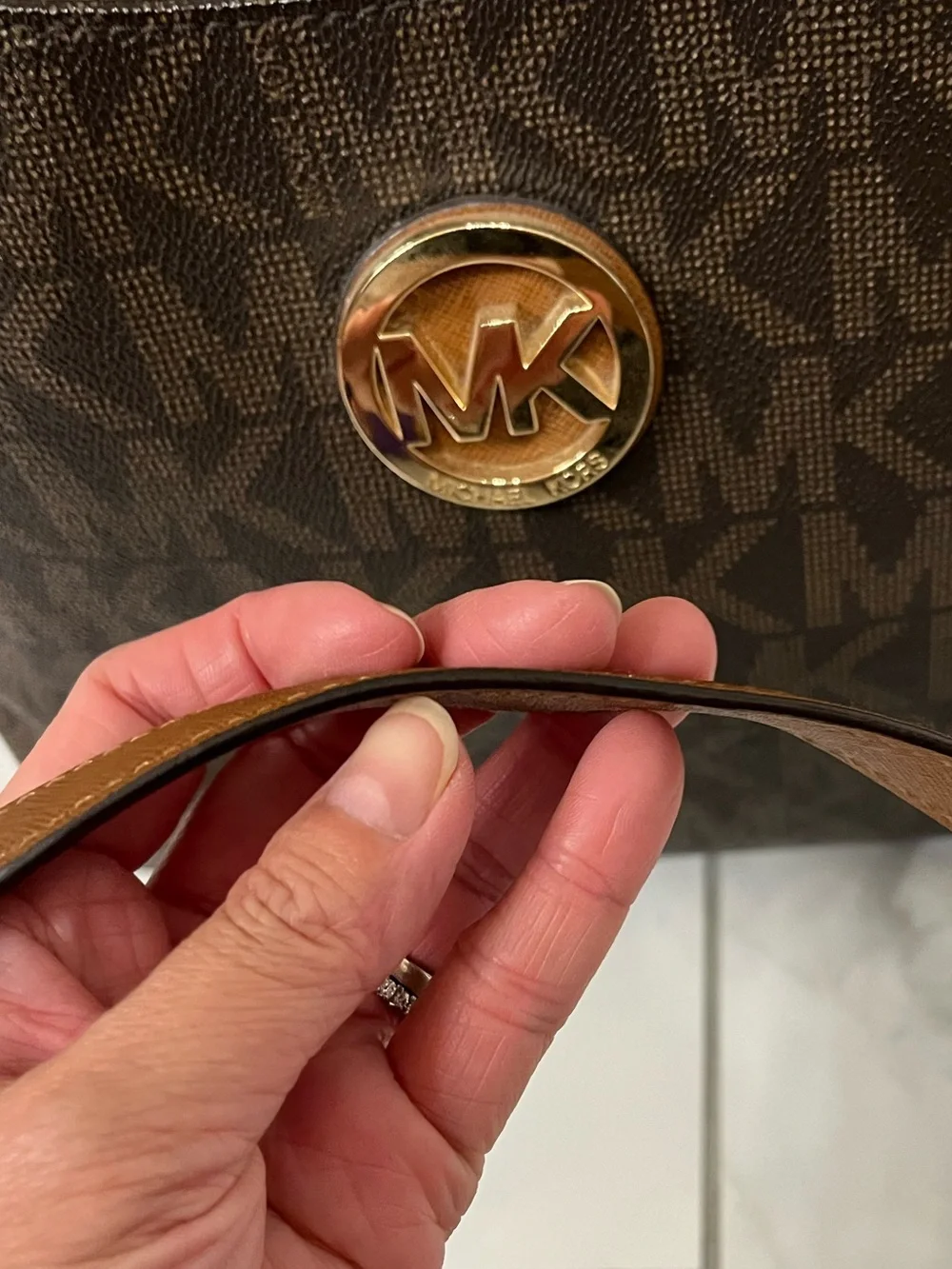 Michael Kors Brown MK Signature Shoulder Bag with Gold Hardware